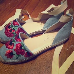 floral denim flats
